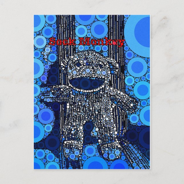 Postal Funky Blue Sock Monkey Circulos Burbujas Pop Art (Anverso)