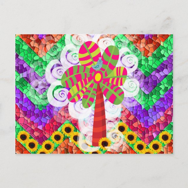 Postal Funky Chevron Mosaic Tree Swirls Sunflowers Summer (Anverso)