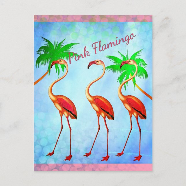 Postal Funky Flamingos rosa palmeras cielo azul (Anverso)