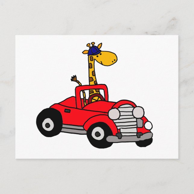 Postal Funky Giraffe conduciendo Red Convertible (Anverso)