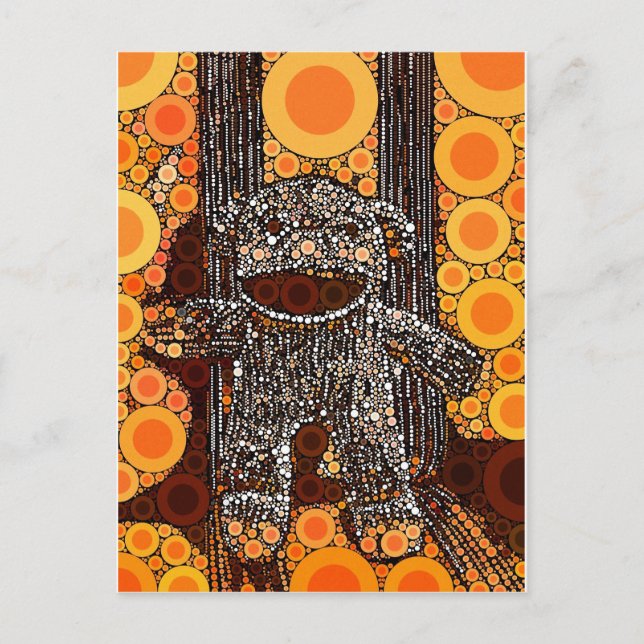 Postal Funky Naranja sock Monkey Circles Burbujas Pop Art (Anverso)