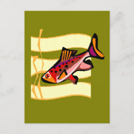 Postal Funky Retro Pescado Verde y Rojo Tropical