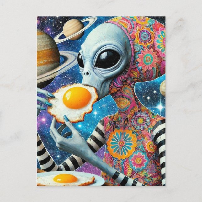 Postal Funny Alien come huevos fritos (Anverso)