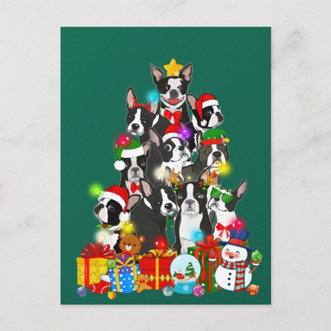 Postal Funny árbol de navidad de Boston terrier ilumina a (Anverso)