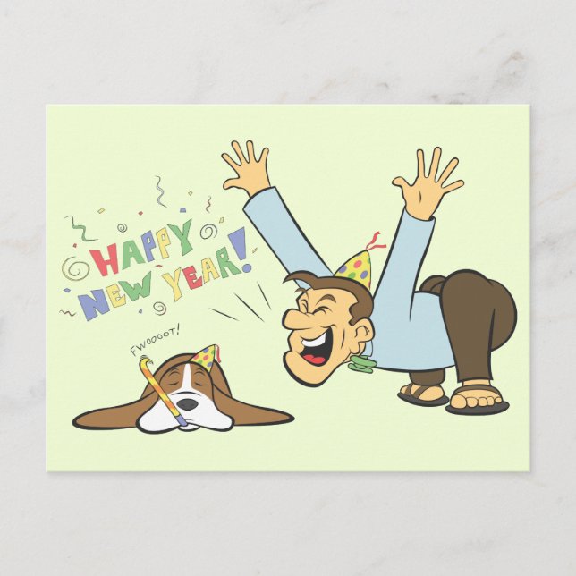 Postal Funny Basset y un hombre celebran Personalizado de (Anverso)