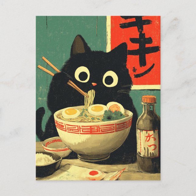 Postal Funny Black Cat Eating Ramen (Anverso)