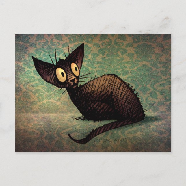 Postal Funny Black Oriental Cat Damask Kitten Art (Anverso)