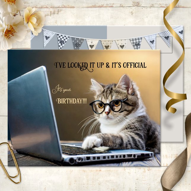 Postal Funny Cat Official Birday (A funny birthday postcard showing a kitty with glasses looking at a laptop. Great for a cat lover)