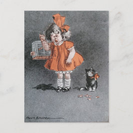 Postal Funny Child and cheeky Cat Vintage antigüedades