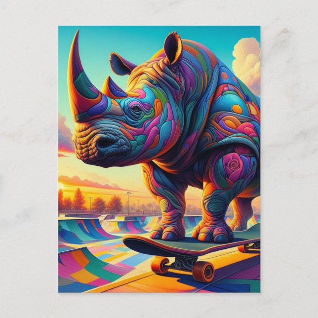 Postal Funny Colorful Rhino Skateboarding (Anverso)