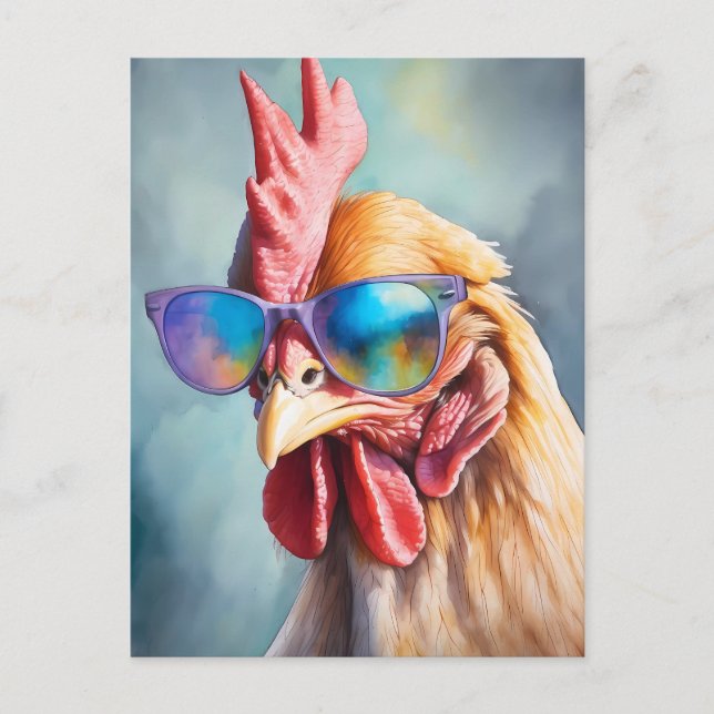 Postal Funny Cool Chicken With Sunglasses Watercolor (Anverso)