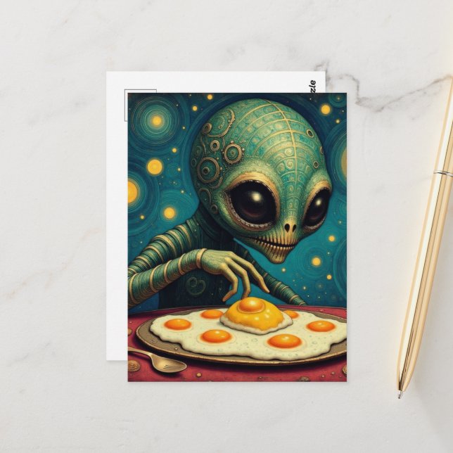 Postal Funny Cute Alien Eating Fried Eggs (Anverso/Reverso In Situ)