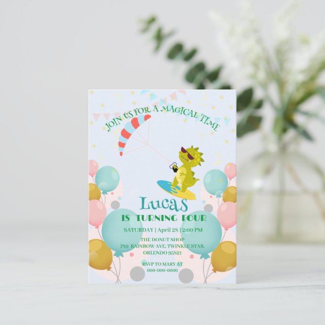 Postal Funny dinosaur Paraglider Board Birthday party DIY (Anverso de pie)