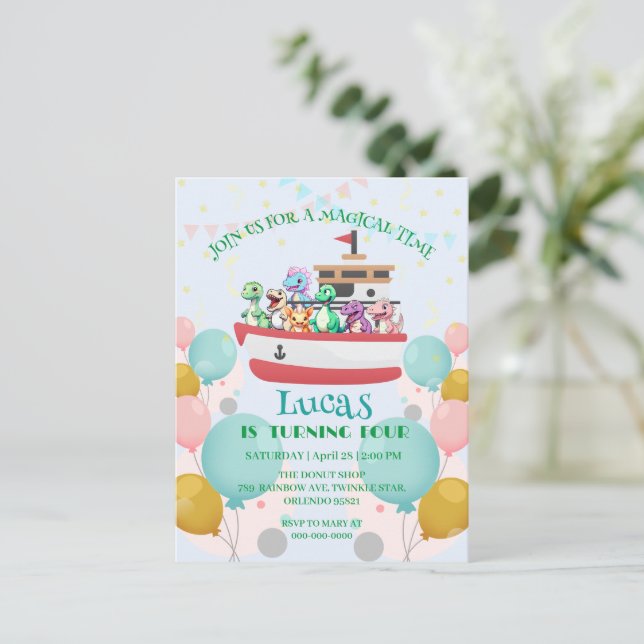 Postal Funny dinosaur Yacht Birthday party DIY Name (Anverso de pie)