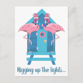 Postal Funny Flamingo Navidades Lights Beach Hut