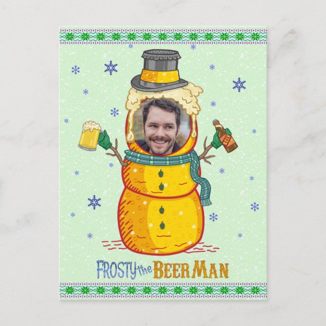 Postal Funny Frosty Beer Man Humor Personalizado Navidade (Anverso)
