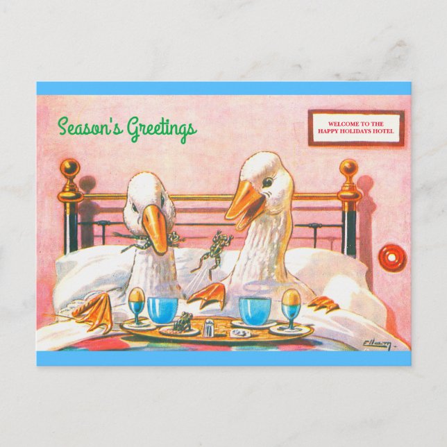 Postal Funny Geese Breakfast en Navidades de cama 1908 co (Anverso)
