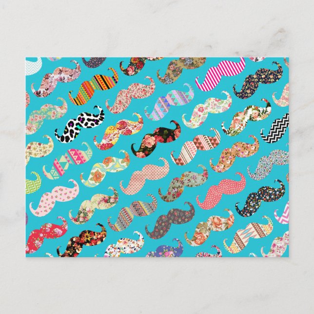Postal Funny Girly Turquoise Floral Aztec Mustaches (Anverso)