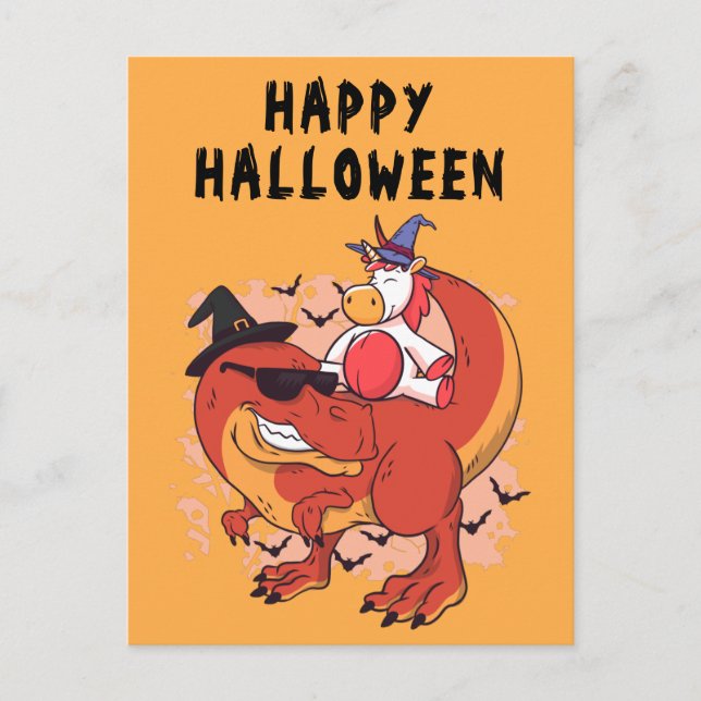 Postal Funny Halloween Dinosaur Cute Unicorn (Anverso)