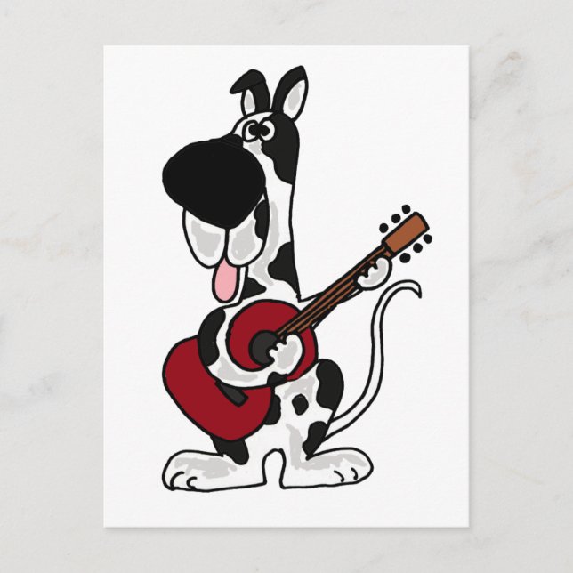 Postal Funny Harlequin Great Dane Toca Guitarra (Anverso)