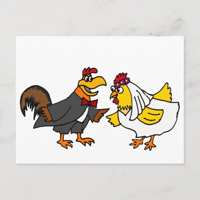 Postal Funny Hen Bride y Rooster Groom Boda (Anverso)