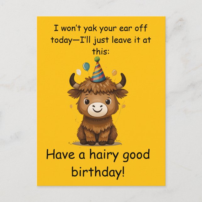Postal Funny Highland Yak: Hairy Good Birthday Puns (Anverso)