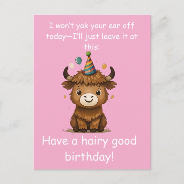 Postal Funny Highland Yak: Hairy Good Birthday Puns (Anverso)