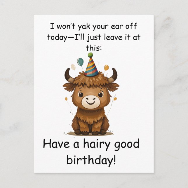 Postal Funny Highland Yak: Hairy Good Birthday Puns (Anverso)