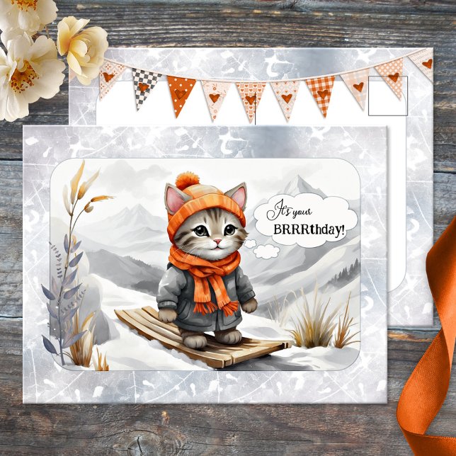 Postal Funny Kitty Snow Winter Birthday (A funny watercolor birthday postcard featuring a kitty on skies in a winter wonderland - cat lovers)