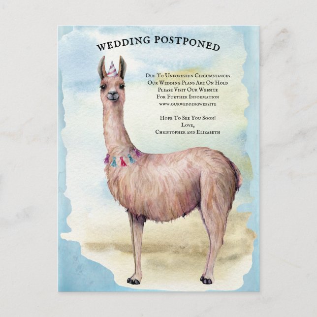 Postal Funny Llama Blue Boda pospuso cambio de fecha (Anverso)