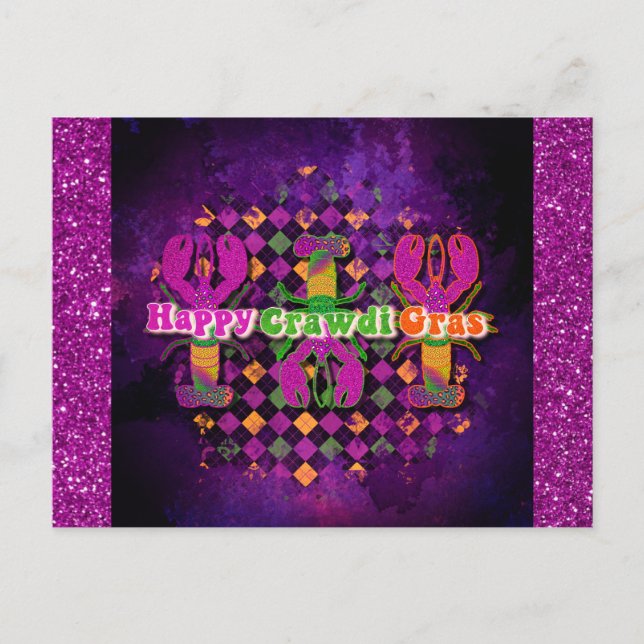 Postal Funny Mardi Gras Crawfish Purple (Anverso)