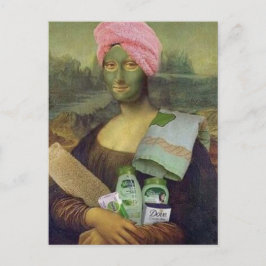 Postal Funny Mona Lisa haciendo skincare a Leonardo da Vi