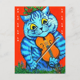 Postal Funny Navidades Cat Holly y Violin Fal-La-La-La-La