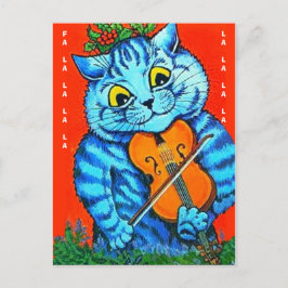 Postal Funny Navidades Cat Holly y Violin Fal-La-La-La-La