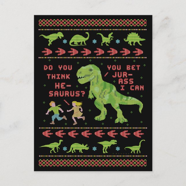 Postal Funny Navidades Rex Dinosaur Pun Humor Faux Knit (Anverso)