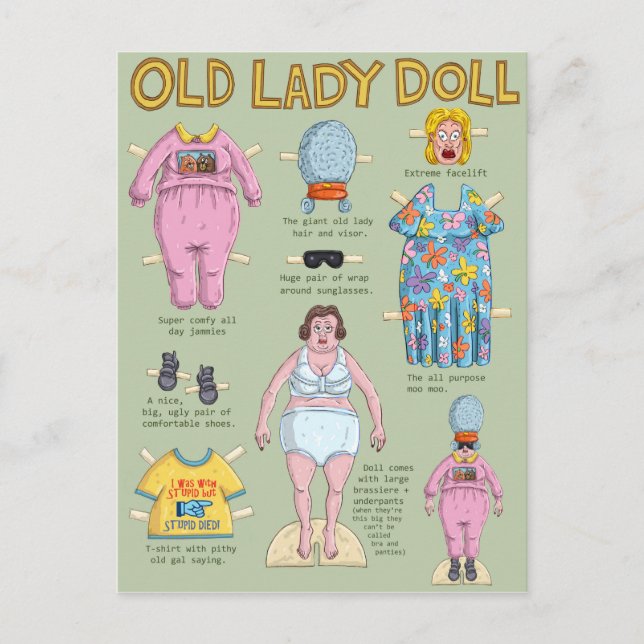 Postal FUNNY Over The Hill Old Lady Paper Doll (Anverso)