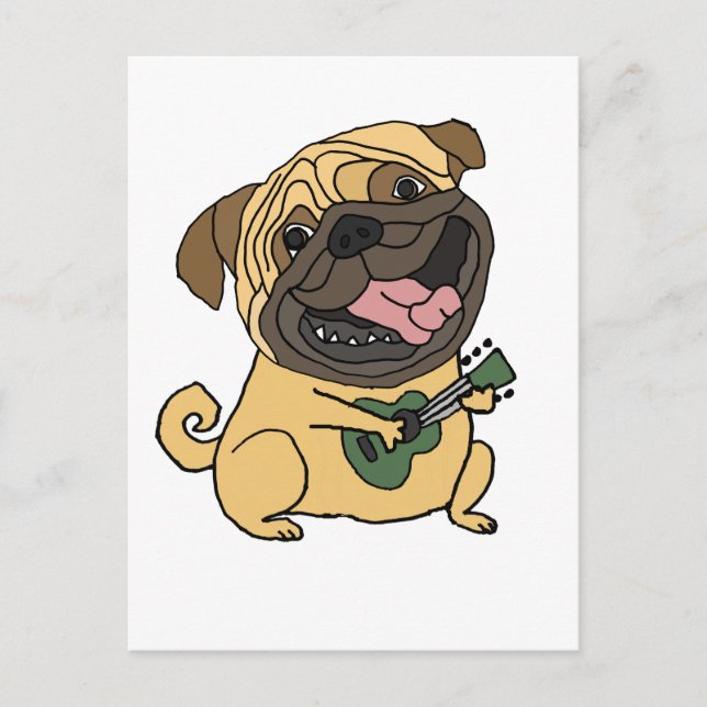 Postal Funny Pug Jugando Al Personalizado Ukulele (Anverso)