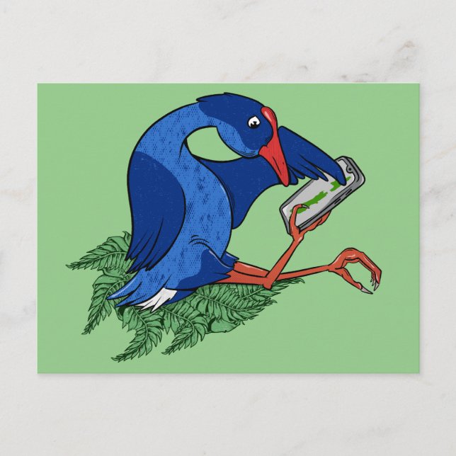 Postal Funny Pukeko con teléfono móvil (Anverso)