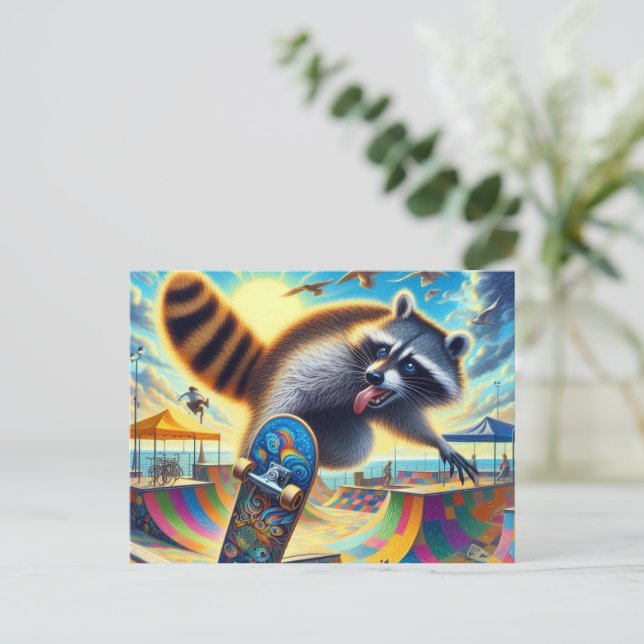 Postal Funny Raccoon Skateboarding (Anverso de pie)