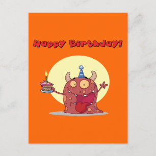 Postal Funny Red Happy Birday Monster Con Pastel