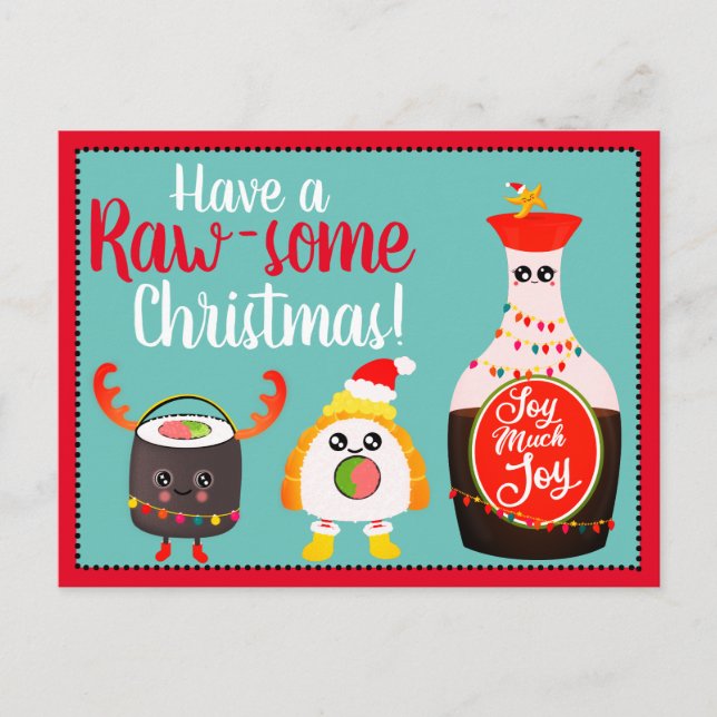 Postal Funny Red Kawaii Sushi Food Pun Feliz Navidad (Anverso)