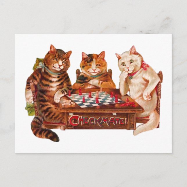 Postal Funny Retro Cats Checkmate jugando al ajedrez 1903 (Anverso)