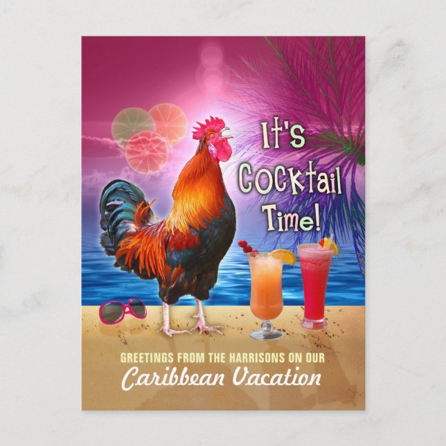 Postal Funny Rooster Cocktails Tropical Beach Vacation (Anverso)