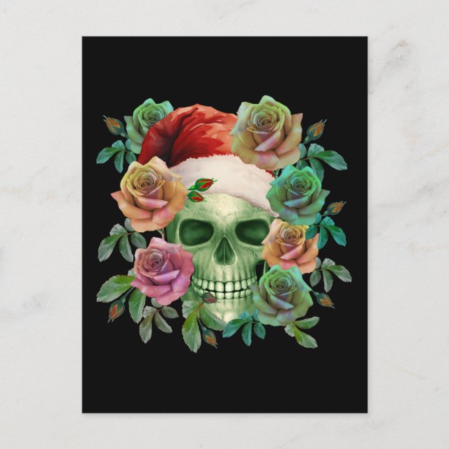 POSTAL FUNNY SANTA GREEN SKULL Y FLORES DE NAVIDADES (Anverso)