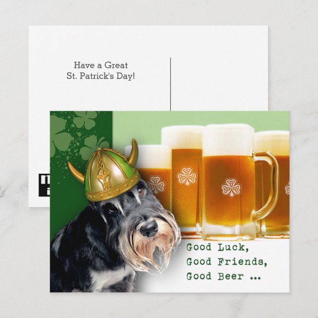 Postal Funny Schnauzer y el Día de la Cerveza San Patrici (Anverso / Reverso)