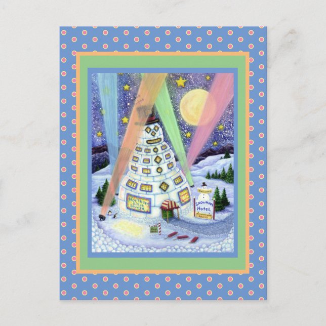 POSTAL FUNNY SNOWMAN HOTEL, LUCES DEL NORTE Y PENGUINOS (Anverso)