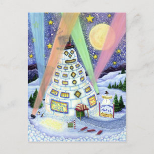 POSTAL FUNNY SNOWMAN HOTEL, LUCES DEL NORTE Y PENGUINOS