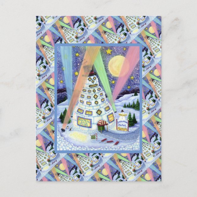 POSTAL FUNNY SNOWMAN HOTEL, LUCES DEL NORTE Y PENGUINOS (Anverso)