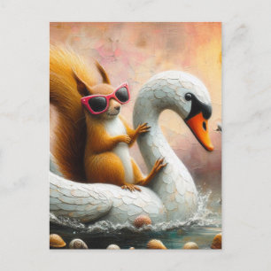 Postal Funny Squirrel sobre Swan Float