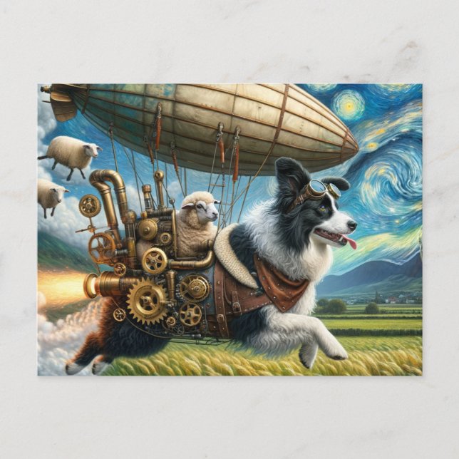 Postal Funny Steampunk Border Collie con ovejas y gotas (Anverso)